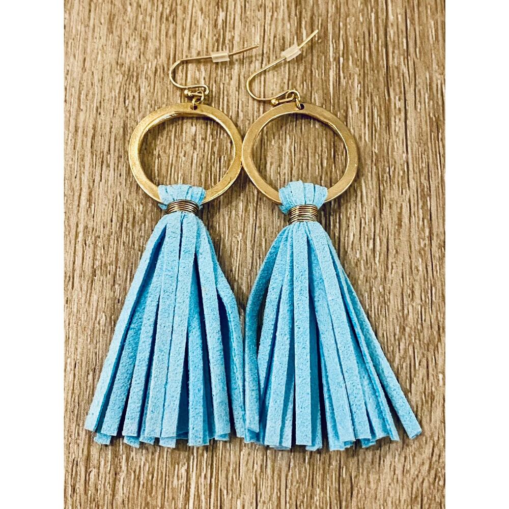 Blue Leather Tassel Earrings